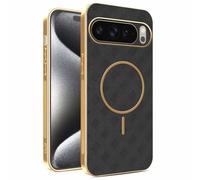 YUECXIN Magnetic Case for Google Pixel 11 Pro XL, Wireless Charging Compatible, Ultra-thin Soft Electroplated TPU Bumper with Leather Back Shockproof Cover, Black