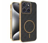 YUECXIN Magnetic Case for Motorola Edge 70 Pro, Wireless Charging Compatible, Ultra-thin Soft Electroplated TPU Bumper with Leather Back Shockproof Cover, Black
