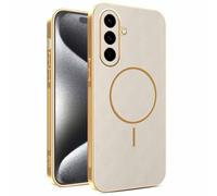 YUECXIN Magnetic Case for Samsung Galaxy S26 5G, Wireless Charging Compatible, Ultra-thin Soft Electroplated TPU Bumper with Leather Back Shockproof Cover, Khaki