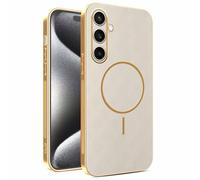 YUECXIN Magnetic Case for Samsung Galaxy S26 FE 5G, Wireless Charging Compatible, Ultra-thin Soft Electroplated TPU Bumper with Leather Back Shockproof Cover, Khaki