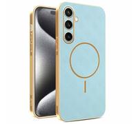 YUECXIN Magnetic Case for Samsung Galaxy S26 FE 5G, Wireless Charging Compatible, Ultra-thin Soft Electroplated TPU Bumper with Leather Back Shockproof Cover, Blue