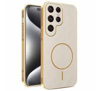 YUECXIN Magnetic Case for Samsung Galaxy S26 Ultra 5G, Wireless Charging Compatible, Ultra-thin Soft Electroplated TPU Bumper with Leather Back Shockproof Cover, Khaki