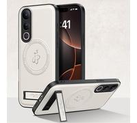 YUECXIN Magnetic Case for Vivo V50 Lite 5G/4G Compatible with MagSafe, Slim Soft PU Leather Texture Cover, Shockproof Anti-fall TPU Bumper Case with Folding Stand. White