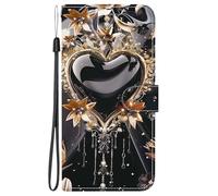 YUECXIN Wallet Case for Realme C71 5G/4G/Realme C73/Realme P3 Lite 4G, PU Leather Flip Shockproof Protective Cover with Card Holder & Kickstand, Black Gold Heart Phone Case for Women & Girls
