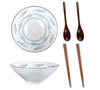 Yuedefly 2 Set Ceramic Ramen Bowl,Porcelain Japanese Salad Noodles Cereal Fruit Pasta Soup Bowls with Chopsticks & Spoons for Soup Ramen Pasta Fruit Salad Rice Food with Fish Pattern(1200 ml)