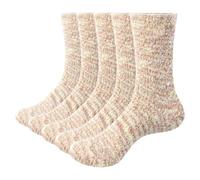 YUEDGE 5 Pairs Womens Soft Cozy Fluffy Socks Ladies Warm Winter Fuzzy Bed Socks for Home Sleeping, Size 4-7, Khaki