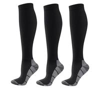 YUEDGE Mens Black Compression Socks For Men 6-10, Long Cycling Running Baseball Athletic Sports Socks Travel Flight Socks, 3 Pairs