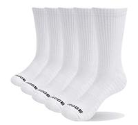 YUEDGE Men's Solid White Cushioned Training Athletic Walking Sports Socks Moisture Wicking Mens Socks Padded Anti-Odor Comfort Work Socks Thick Cotton Crew Sock For Men Size 6-10, Multipack, 5 Pairs