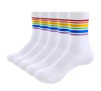 YUEDGE Womens Rainbow Striped Athletic Crew Socks Moisture Wicking Womens Socks Anti Blister Anti-Odor Cotton Rich Cushioned Gym Running Sports Socks For Women, Size 6-10, Multipack, 5 Pairs