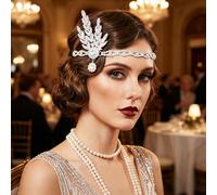 YUEELI 1920s Flapper Hair Band, Silver Rhinestone Art Deco Headband with Crystal Leaves, Vintage Roaring Twenties Headpiece for Themed Party, Prom, Halloween
