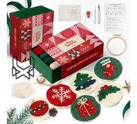 yuegool 6PCS Christmas Punch Needle Coaster Kit,Easy DIY Embroidery Set for Beginners, Kids & Adults with Patterns, Tools, Yarns, Hoop, Instructions & Coaster Holder