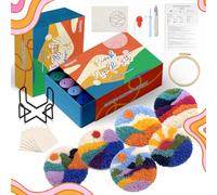 yuegool 6PCS Landscapes Punch Needle Coasters Kit, Easy DIY Embroidery for Beginners, Including Patterns, Tools, Yarns, Hoop, Instructions, and Coaster Holder