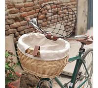 YUEHISY Wicker Bike Basket for Small Dogs & Cats - Pet Carrier Front Bicycle Basket with Wire Mesh Cover, Natural Woven, Adjustable & Durable (Wood color)