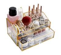 YUEHUA Glass Makeup Organizer with Brass Metal Frame, Cosmetic Storage Display Case for Vanity Countertop