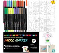 Yuehuabao 24 PCS Permanent Textile Paint Pens with 12 PCS Drawing Stencils, Washable Fabric Drawing Pens Permanent Fabric Markers for White T-Shirt Design Clothes Bag Shoes (24 Colors)