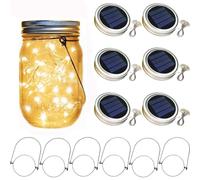 Yuehuamech 6 Pack Mason Jar Solar Lights 30 LED Outdoor Solar Firefly Lights Mason Jar Lantern Lid with Hangers Fairy String Lids Lights for Patio Garden Yard Tree(JUST LID)