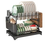 Yuehuamech Dish Drainer Rack 2 Tier Dish Drainer Organizer Shelf with Utensil Holder and Chopping Board Holder Kitchen Sink Drainer Washing Up Rack for Small Kitchen Countertop