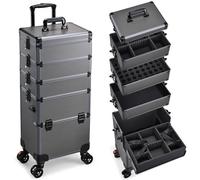 Yueieoun 5 in 1 Makeup Train Case, Cosmetology Case on Wheels Travel Make up Case Rolling Nail Cart Makeup Organizer Cosmetic Storage Box Cases Extra Large Trolley Truck, 360° Swivel Wheels, Ashy Grey