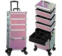 Yueieoun 5 in 1 Professional Makeup Train Case on Wheels, Extra Large Cosmetic Case Aluminum Rolling Makeup Case Trolley Makeup Travel Organizer with 360° Swivel Wheels, Shiny Pink, Professional
