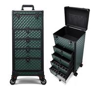 Yueieoun Nail Salon Cart with 4 Drawers,Rolling Makeup Train Case for Beauty,Cosmetology Case on Wheels Trolley Cart,Lockable Organizer Travel Case for Manicure/Face Painting/Hairstylist,DARK GREEN