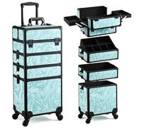 Yueieoun Rolling Makeup Case, 4 in 1 Makeup Case on Wheels, Professional Makeup Trolley, Cosmetic Train Case Makeup Cart Travel Trolley with Key for MUA, Hairstylists, Nail Tech, Turquoise Vitality,