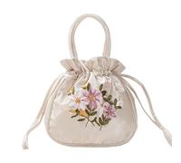 YUEKOPOU Antique Style Embroidered Hanfu Purse, Small Women Bucket Bag Top Handle Ladies Handbag Phone Bag Purse National Style Embroidered Flower Pattern Drawstring Bag(White)