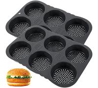 YUEKUNTJ 2Pcs Silicone Hamburger Bun Mold, 6-Cavity Burger Pan, Egg Muffin Baking Pans, Perforated Burger Mold, Silicone Easy Release Baking Trays for Chocolate Cake Pie Custard Tart Desserts