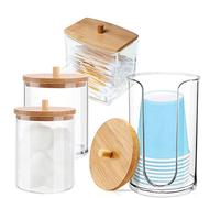 YUEKUNTJ 4Pcs Cotton Ball and Swab Holder, Cotton Pad Jar Container, Clear Acrylic Qtip Dispenser, Bathroom Qtip Dispenser with Bamboo Cover, Dust-proof Floss Swab Dispensers for Bathroom
