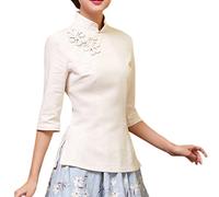 YueLian Women's Stand Collar Elbow Sleeve Short Vintage Chinese Qipao Mini Summer Dress Top Beige,China M= UK 8
