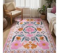 Yuemasi Pink Rug for Living Room, Ultra-Thin Non-Slip Washable Area Rugs 6x9, Flower Farmhouse Soft Bedroom Carpet, Vintage Print Carpet for Kids Room Dorm Decor for College Girls (6x9ft,Pink)
