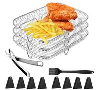 YUEMING Air Fryer Rack for Ninja Dual Basket, 3 Layers Stainless Steel Stacking Bacon Racks with Silicone Feet, Tong and Brush, Air Fryer Accessories for Ninja AF300UK, EMtronics Double Drawer Fryers