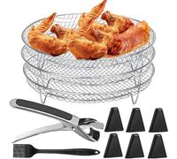 YUEMING Air Fryer Rack Round for Ninja, 3 Layer Stackable Round Stainless Steel Multi-Layer Dehydrator Accessories with Silicone Feet, Tong and Brush, Compatible with 4.8L-6.6L Tower