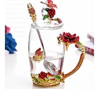 YUEMING Enamel Butterfly Rose Flower Glass, Coffee Mugs Tea Cup with Spoon, Birthday Christmas Gifts for Her Women Mum Friends Teacher Valentines Mothers Day (Red +350ml)