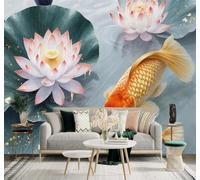 YueMingDi 3D Wallpaper Elegance Golden Fish Pink Lotus Pond Natural Scenery | Creative Modern Murals Home Decor Study Living Room Bedroom Sofa Background Feature the Wall Decoration Luxury-400cm×280cm