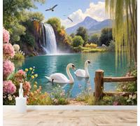 YueMingDi 3D Wallpaper Lake Swans Waterfall Flowers Natural Scenery | Creative Modern Murals Home Decor Study Living Room Bedroom Sofa Background Feature the Wall Decoration Luxury-400cm×280cm