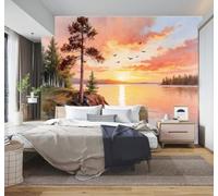 YueMingDi 3D Wallpaper Sunset Pine Trees Birds Reflections Lake Views | Creative Modern Murals Home Decor Study Living Room Bedroom Sofa Background Feature the Wall Decoration Luxury-150cm×105cm