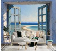 YueMingDi 3D Wallpaper Vintage Blue Windows Footpath Ocean Horizon | Creative Modern Murals Home Decor Study Living Room Bedroom Sofa Background Feature the Wall Decoration Luxury-300cm×210cm
