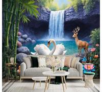 YueMingDi 3D Wallpaper Waterfall Swans Deer Bamboo Lotus Flowers | Creative Modern Murals Home Decor Study Living Room Bedroom Sofa Background Feature the Wall Decoration Luxury-350cm×256cm