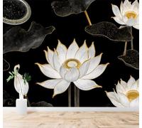YueMingDi 3D Wallpaper White Lotus Gold Accents Abstract Black | Creative Modern Murals Home Decor Study Living Room Bedroom Sofa Background Feature the Wall Decoration Luxury-350cm×256cm