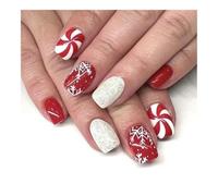 YUEMOL Christmas Nail Stickers 24Pcs Black&White Snowflake Christmas Press-On Nails, Glitter Short Square Full Cover Acrylic Nail Tips for Women&girls Nail Art(B)