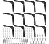 YUENPUN 12 PCS 4 Inch Black Metal Shelf Brackets, Right Angle Shelf Brackets Supports with Screws, Heavy Duty Wall Shelf Bracket for Table Furniture Bookshelf Wood Board