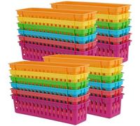 YUENPUN 24 PCS 6 Colours Classroom Pencil Storage Baskets, 25.5x7.6x6.2cm Plastic Stationery Baskets, Coloured Classroom Organiser Basket for Classroom, Drawers, Desktop