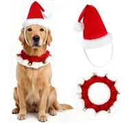 YUEPET 2PCS Adjustable 3D Dog Santa Hat with Muffler Set Red Plush Christmas Scrunchy Collar with Gold Bells Ornaments Soft Dog Xmas Outfit Costume for Cats Small Medium Large XL Dogs Pets (XL)