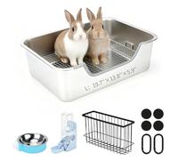YUEPET 4-in-1 Large Rabbit Litter Box, Non-Slip Stainless Steel Litter Boxes with Sifting Grid & Hay Feeder Food Bowl, Easy Cleaning Bunny Litter Box with Odor Control for Rabbits Small Pets（L）