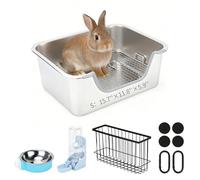 YUEPET 4-in-1 Large Rabbit Litter Box, Non-Slip Stainless Steel Litter Boxes with Sifting Grid & Hay Feeder Food Bowl, Easy Cleaning Bunny Litter Box with Odor Control for Rabbits Small Pets（S）