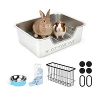 YUEPET 4-in-1 Large Rabbit Litter Box, Non-Slip Stainless Steel Litter Boxes with Sifting Grid & Hay Feeder Food Bowl, Easy Cleaning Bunny Litter Box with Odor Control for Rabbits Small Pets（M）