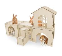 YUEPET Extra Large Wooden Bunny Castle, Ventilated Rabbit Castle Hideaway with Stairs, Detachable Small Animal Hideout & Habitats for Indoor Outdoor Dwarf Rabbits Bunnies to Hide & Play