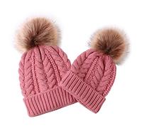 Yuerach 2PCS Parent-Child Knit Hat Family Matching Winter Warmer Hat Mother & Baby Crochet Beanie Ski Cap with Pom Pink