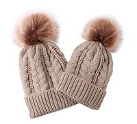 Yuerach 2PCS Parent-Child Knit Hat Family Matching Winter Warmer Hat Mother & Baby Crochet Beanie Ski Cap with Pom Khaki