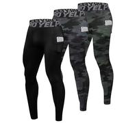 Yuerlian Camo Black Green 3 Pack Compression Running Leggings for Men Athletic Workout Base Layer Pants Quick Dry Gym Tights for Sports Football Training with Pockets